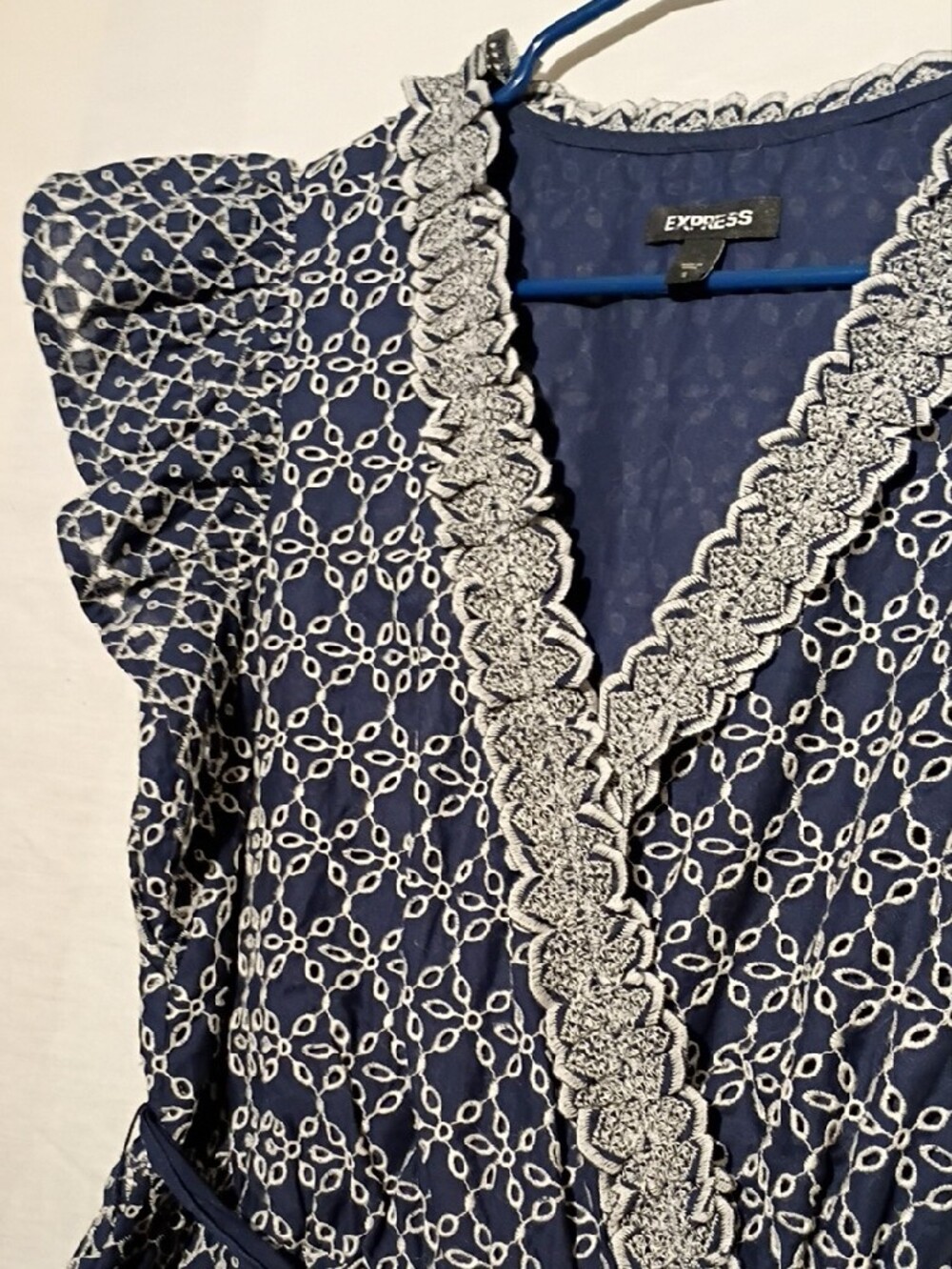 Express Navy Cotton Wrap Midi Dress with White Lace Trim, Sz 4, NWOT - Picture 3 of 16